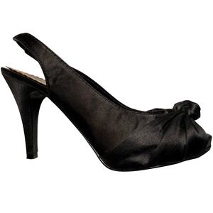 Fioni Night Black Satin Peep Toe Slingback Heels Knotted Bow Platform 6.5W 82003